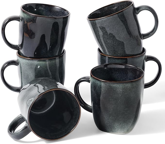 famiware Coffee Mugs Set of 6, Ocean Square 13oz Coffee Cup Set with Handle for Cocoa, Milk, Hot Chocolate, Tea, Water, Stoneware Cups for Kitchen, Microwave and Dishwasher Safe, Deep Forest by Famiware