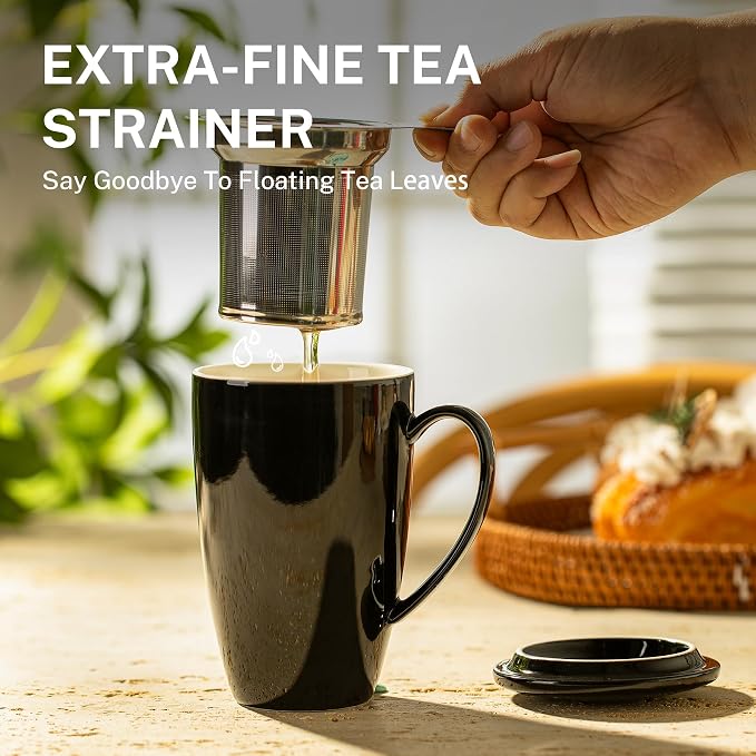 Sweese 15 OZ Porcelain Tea Mug with Infuser and Lid, Loose Leaf Tea Cup, Gifts for Tea Lover, Black - Image 4