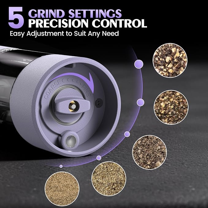 Salt and Pepper Grinder Set Gifts for Women Automatic Battery Purple Pepper Mill Shakers Kitchen Accessories Cooking for Mom, Adjustable Coarseness Salt Pepper Shakers White Elephant Gift - Image 2