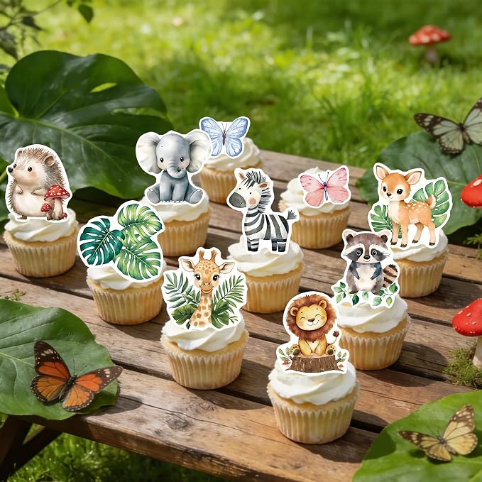 60Pcs Edible Jungle Safari Animal Cupcake Toppers Wafer Paper Green Leaf Woodland Animal Cupcake Kids Baby Shower Birthday Party Decoration Supplies - Image 5