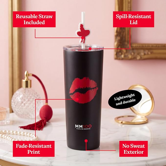 Dragon Glassware x Marilyn Monroe 100th Celebration Tumbler, 24 oz - MM100 | Vacuum Insulated Stainless Steel Tumbler with Straw & Lid; Double Walled Tumbler with Straw Charm; Marilyn Monroe Cup - Image 4