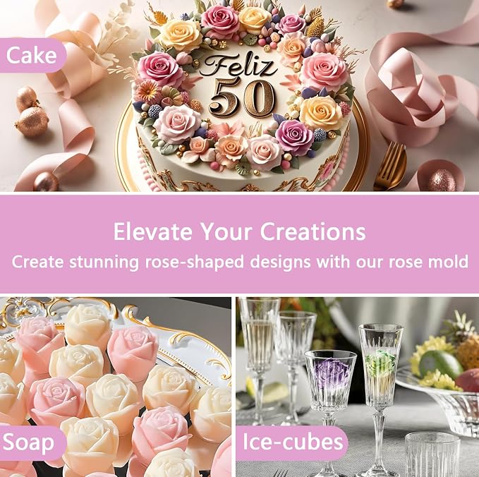 MEMOVAN 15 Cavity Rose Silicone Fondant Mold 2pcs 3D Flower Cake Resin Mold Rose Candy Chocolate Mold Flower Ice Tray Molds for Sugarcraft Cupake Decoration Soap Candle Making Clay Lotion Bar Wax - Image 6