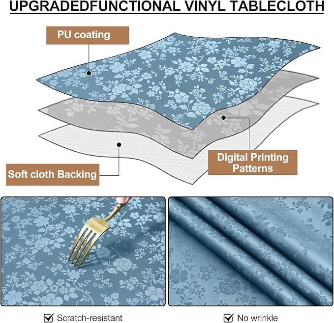 Smiry Rectangle Waterproof Heavy Duty Vinyl Tablecloths, 54 x 78 Inch | Wipeable Washable Floral Embossed Table Cover for Kitchen and Dining Room, Indoor & Outdoor Use, Stone Blue - Image 7