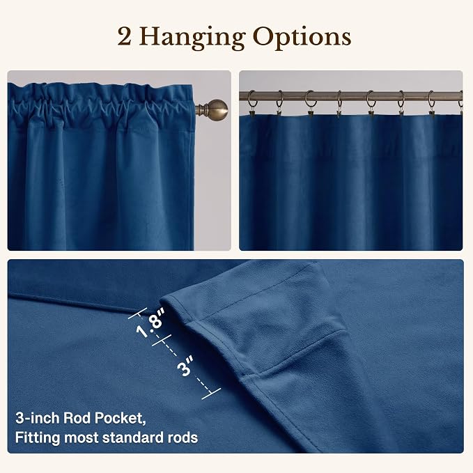Blue Scalloped Window Valance 52x18 Inch 1 Panel | Premium Kitchen Velvet Window Treatments, Decorative Wavy Short Drapes for Bathroom, Over Sink RV, Rod Pocket - Image 4