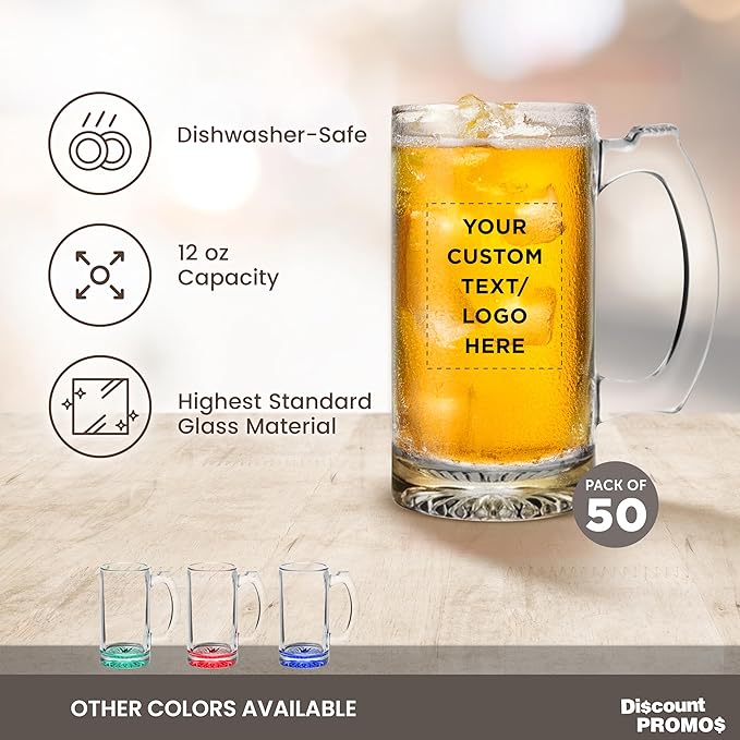 50 Libbey Beer Mugs Set, 12 oz. - Customizable Text, Logo - Groomsmen Glassware - Clear