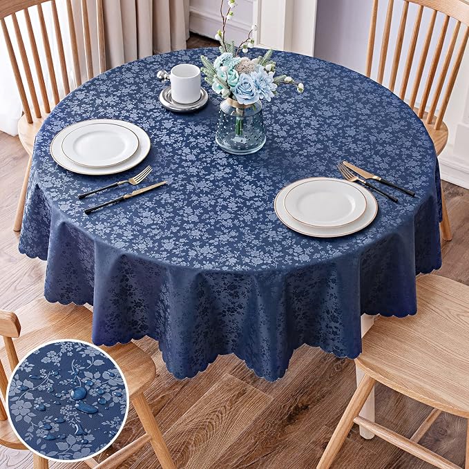 Smiry Round Waterproof Heavy Duty Vinyl Tablecloths, 70 x 70 Inch | Wipeable Washable Floral Embossed Table Cover for Kitchen and Dining Room, Indoor & Outdoor Use, Navy Blue by Smiry