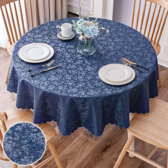 Smiry Round Waterproof Heavy Duty Vinyl Tablecloths, 60 x 60 Inch | Wipeable Washable Floral Embossed Table Cover for Kitchen and Dining Room, Indoor & Outdoor Use, Navy Blue by Smiry