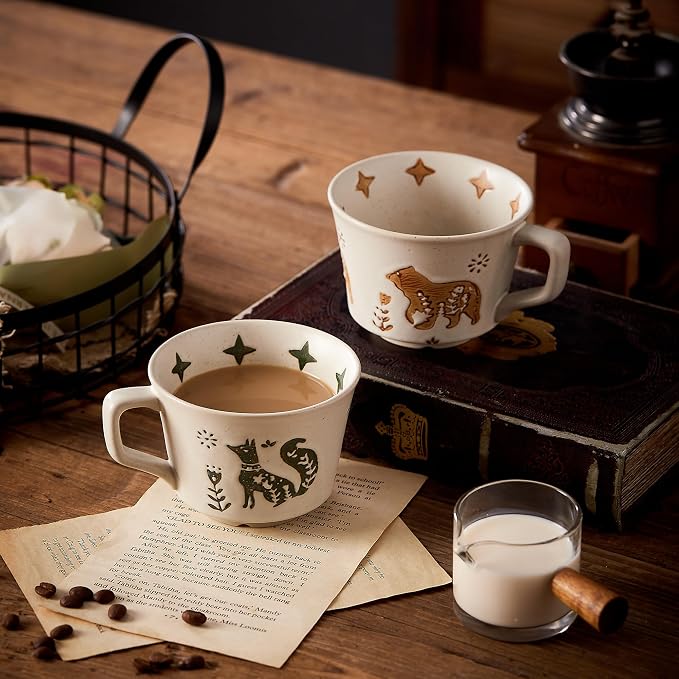 12oz Vintage Ceramic Coffee Mug Set of 4 - Handmade Stoneware Pottery Countryside Farmhouse Fall Autumn Tea Mugs with Big Handle for Latte,Cocoa,Dishwasher & Microwave Safe Cups (Animals) - Image 2