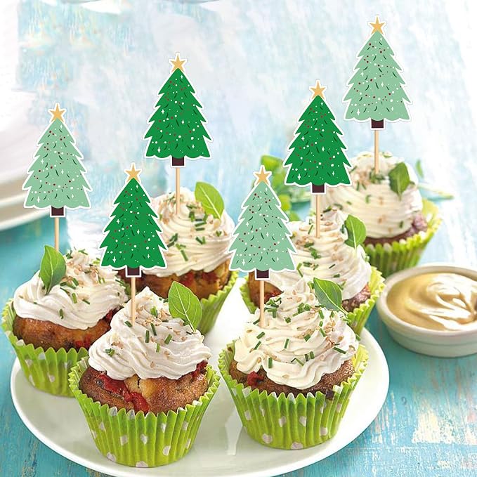 24PCS Christmas Tree Cupcake Toppers Picks Xmas Holiday Cupcake Picks Merry Christmas Theme Holiday Boy Girl Birthday Baby Shower Party Supplies Green - Image 5