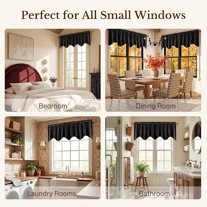 Velvet Window Valance 52x18 Inch 4-Panel Set | Soft Wavy Black Kitchen Curtains for Windows, Luxury Fabric Aesthetic Window Treatment for Bay Window, Living Room - Image 6