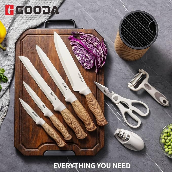 Knife Set,GOODA 9 Piece Kitchen Knife Set with Block and Sharpener, Anti-Rust Stainless Steel Cooking Knives Set for Kitchen, Chef Knife Block Set - Image 2