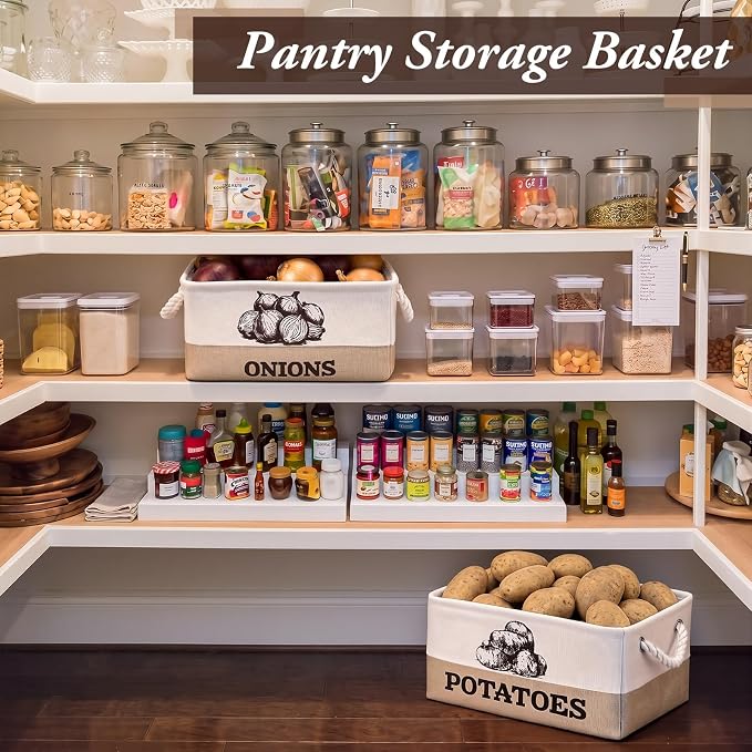 Marsui 2 Pcs Potato and Onion Storage Baskets with Handles, Foldable Kitchen Vegetable Storage Bins, Rustic Countertop Pantry Organizer for Potatoes, Onions, Fruit, Vegetables - Image 4