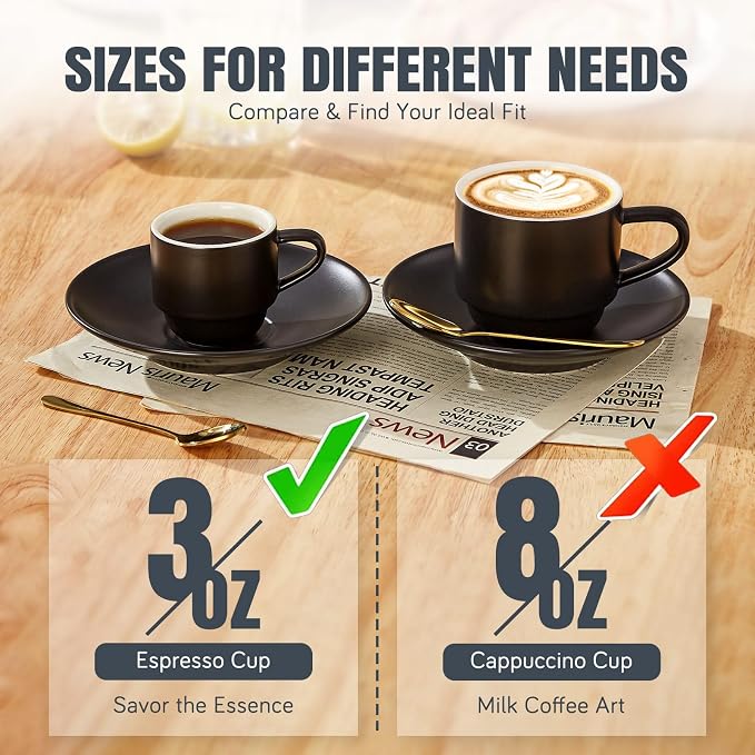 Lareina 3-Ounce Espresso Cups Set of 4, Small Stackable Coffee Cups with Saucers, Spoons and Metal Stand, Ceramic Demitasse Mugs, Espresso Accessories for Machine, Black - Image 6