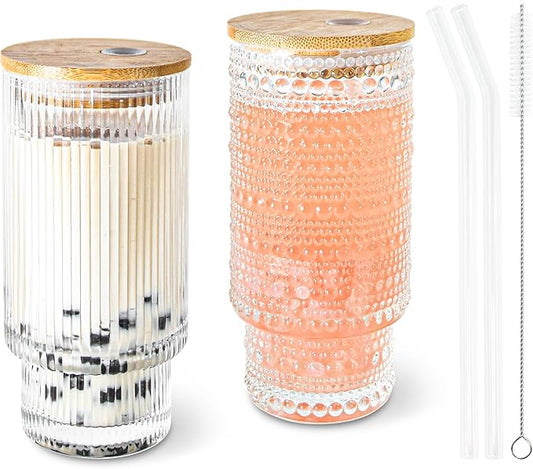 16oz Drinking Glasses Cups Set of 2 with Bamboo Lids Straws Brush Vintage Glassware Set for Mojito Iced Coffee Beer Cocktail Whiskey(Ribbed & Hobnail)