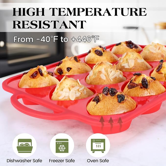 2 Pcs Heart Shaped Muffin Pan with Metal Reinforced Frame 12 Cup Nonstick Silicone Heart Cake Mold for Baking 2.5 Inch Cupcake Tray (Red) - Image 7