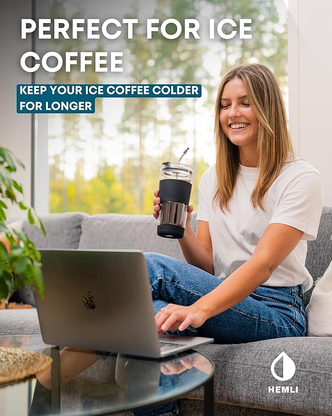 19 oz. Double Wall Glass Coffee Tumbler, To Go Travel Mug with Lid, Portable Glass Thermos with Straw, Reusable Cup, Tea, Smoothies, Ice Coffee, and Boba