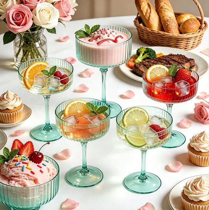 PLULON 6 Pcs Green Coupe Martini Glasses Cocktail Champagne Cup 10 Oz | Ribbed Plastic Martini Espresso Glasses for Bar Drinking Gifts Wedding Birthday Party, Detachable Margarita Cup Glassware - Image 4