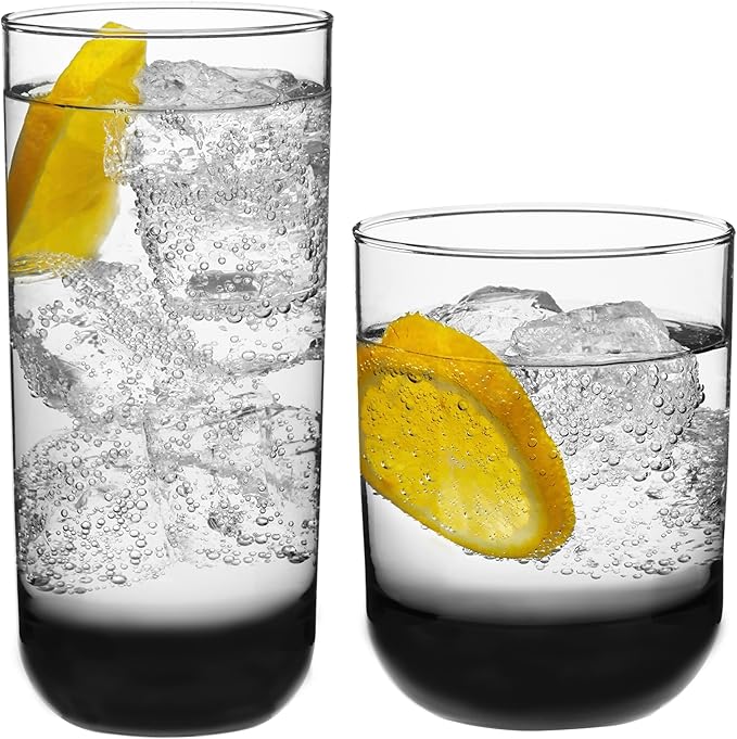 Libbey Polaris Tumbler and Rocks Glass Cups Set, Smoke Hue Mixed Drink Glasses with Straight Lines, Lead-Free, Drinkware Set of 16 for all Beverages by Libbey