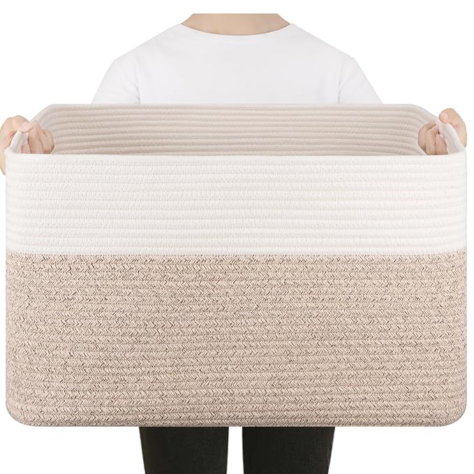 75L Large Blanket Basket, Toy Basket Bin for Kids, Cotton Rope Woven Storage Basket for Living Room, Nursery, Baby Room Decorative Organizer, 22''×17''×12'', Brown and White