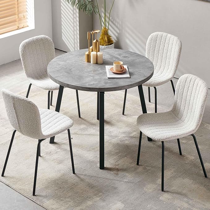Dining Chair Set of 4, Boucle Kitchen Chairs for Small Spaces, White | Black Metal Legs, Curved Backrest, Fabric Upholstered, Modern Comfort for Dining Room, Space-saving, Restaurant & Cafe - Image 6