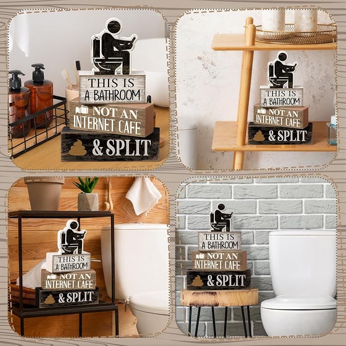 Moucuny 4 Pcs Funny Toilet Decor Sign Farmhouse Bathroom Shelf Decor and Accessories Vintage Sarcastic This Is a Bathroom Not an Internet Cafe Block Signs Gift for Home Guest Washroom Toilet - Image 5