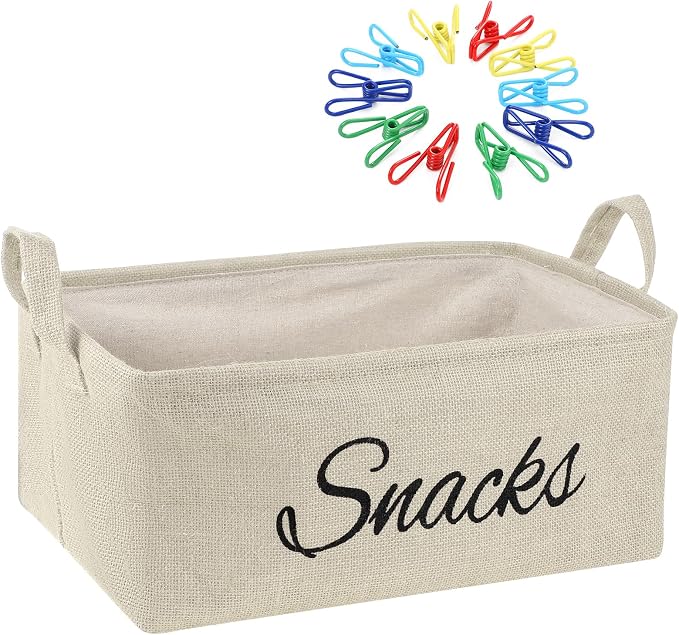 17 Pcs Snack Basket Sets, Snack Storage Bin for Pantry Shelves with 16 Pcs 2 Inch Chip Clips, Basket Organizer for Kitchen, Chips, Popcorn, Candy, Pretzels (Cream-colored,Burlap) by Newtay