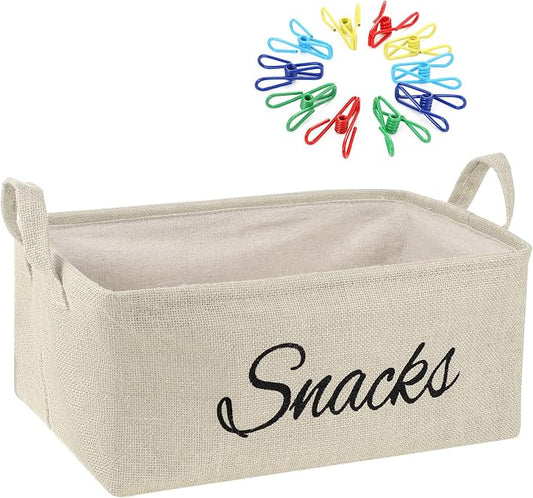 17 Pcs Snack Basket Sets, Snack Storage Bin for Pantry Shelves with 16 Pcs 2 Inch Chip Clips, Basket Organizer for Kitchen, Chips, Popcorn, Candy, Pretzels (Cream-colored,Burlap) by Newtay