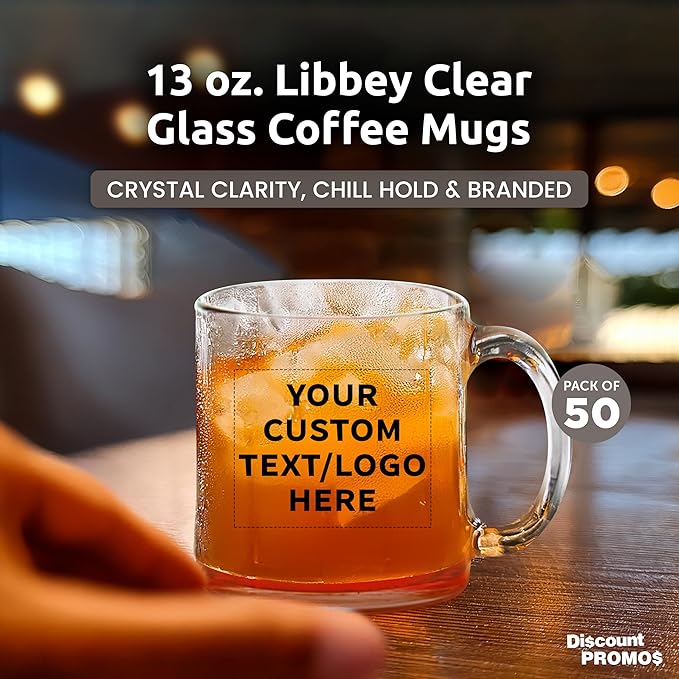Custom Libbey Clear Glass Coffee Mugs 13 oz. Set of 50, Personalized Bulk Pack - Perfect for Coffee, Tea, Espresso, Hot Cocoa, Other Beverages - Red Bottom