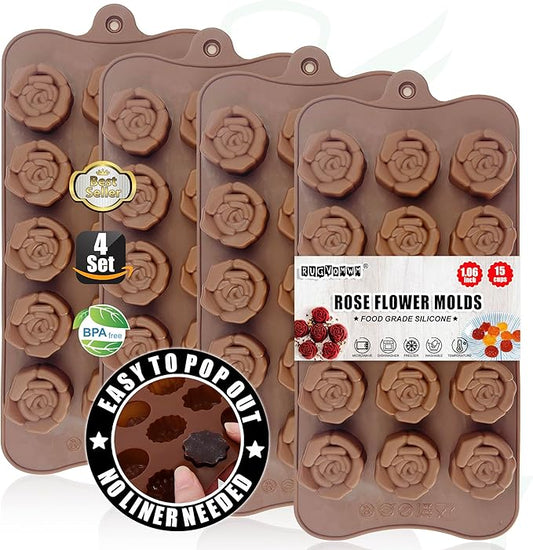 Rose Flower Shaped Silicone Chocolate Molds，BPA Free & Non-stick Silicone Tray for Hard Candy Caramels Jello Gummy Truffles Ice Cubes Soap - 4 Pack