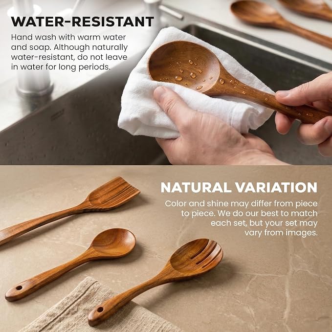 Zulay Kitchen 12-Piece Teak Wooden Utensils for Cooking - Natural Teak Utensil Set with Premium Gift Box - Non-Stick Wooden Spoons for Cooking - Kitchen Gift Set - Comfortable Grip Wooden Utensil Set - Image 5