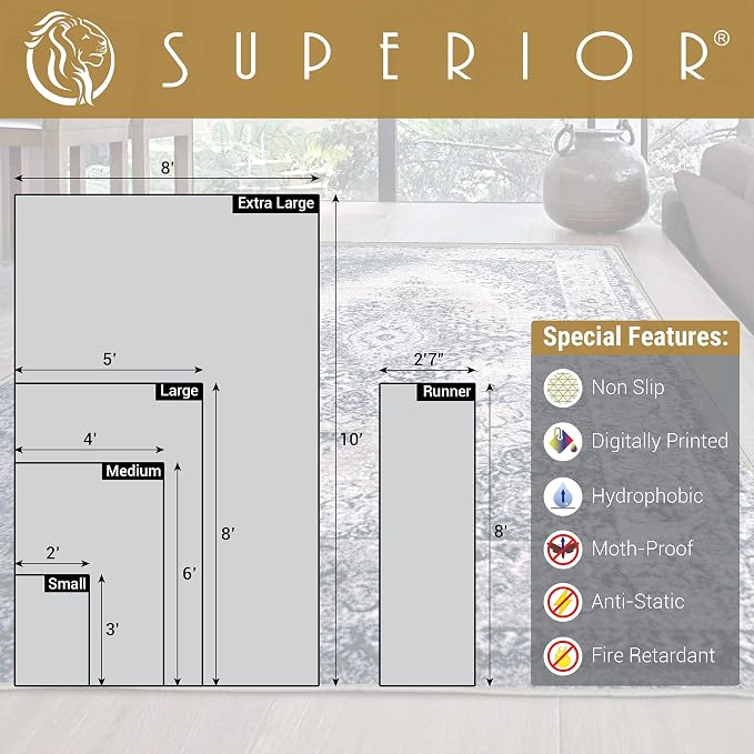 Superior Traditional Oriental Medallion Non-Slip Indoor Washable Area Rug, 4' x 6', Grey - Image 3