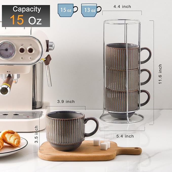 HASENSE Porcealin Coffee Mugs, Stackable Coffee Cups Set of 4 with Stand - 15 oz Large Ceramic Ribbed Latte Cup Set for Cappuccino, Tea, Hot Cocoa, Drinks - Dishwasher & Microwave Safe, Brown - Image 3