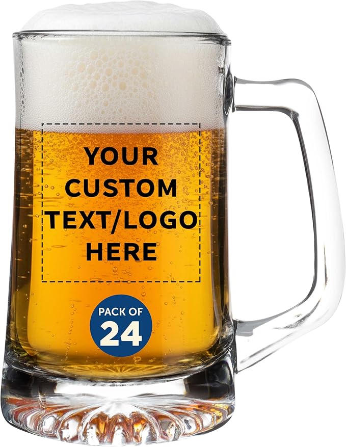 DISCOUNT PROMOS Custom ARC Glass Beer Mugs 25 oz. Set of 24, Personalized Bulk Pack - Great for Octoberfest, Pub, Restaurant - Clear