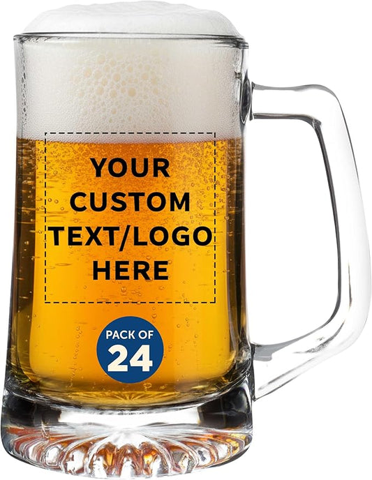 DISCOUNT PROMOS Custom ARC Glass Beer Mugs 25 oz. Set of 24, Personalized Bulk Pack - Great for Octoberfest, Pub, Restaurant - Clear