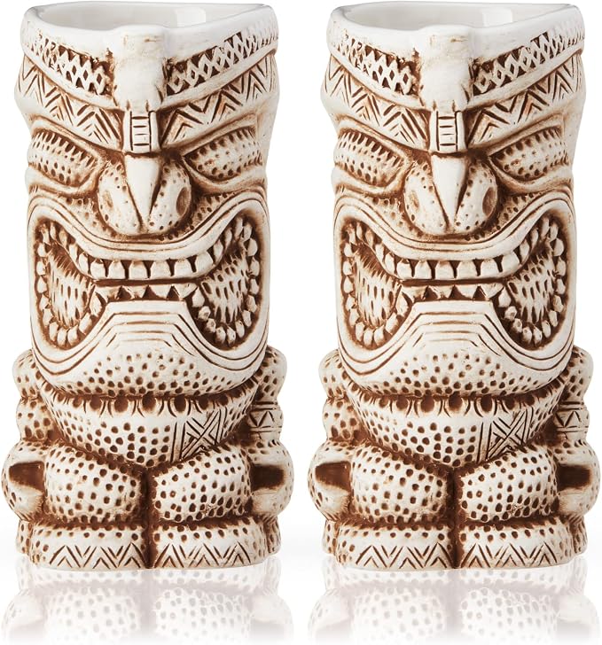 Viski High Tide Tiki Mugs - Hand Painted Ceramic Tiki Glasses for Cocktails - Tiki Barware 14.5oz Highballs Set of 2 White - Image 8