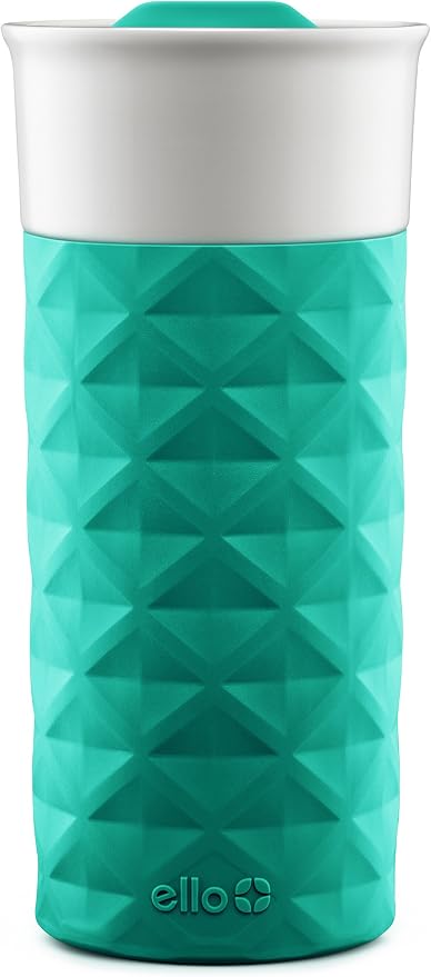 Ello Ogden 16oz Ceramic Travel Mug with Slider Lid and Sleeve, Teal | Splash-resistant ceramic travel mug with slider lid and protective silicone sleeve. BPA-free, great for coffee and tea. by Ello