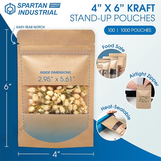 4" X 6" Kraft Paper Resealable Stand-Up Pouches - Pack of 1000 Small | Smell-Proof Storage Pouches for Food Packaging, Pet Treats, Cosmetics, and More - Spartan Industrial - Image 2