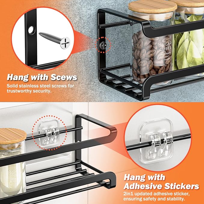 Bunoxea Spice Rack Wall Mounted 2 Pack, Black,11.41x2.75x2.75in | 2 Removalble Hooks,Screw or Adhesive Hanging,Space-Saving,For Kitchen Cabinet, Pantry Door,Stove,RV - Image 3