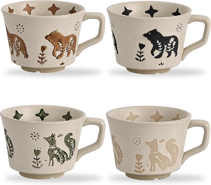 12 oz Vintage Ceramic Coffee Mug Set of 4 - Handmade Stoneware Pottery Countryside Farmhouse Fall Autumn Tea Mugs with Big Handle for Latte,Cocoa,Dishwasher & Microwave Safe Cups (Animals) by SwuutKitchen
