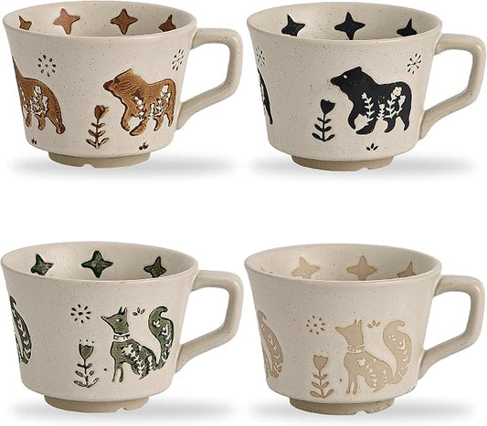 12 oz Vintage Ceramic Coffee Mug Set of 4 - Handmade Stoneware Pottery Countryside Farmhouse Fall Autumn Tea Mugs with Big Handle for Latte,Cocoa,Dishwasher & Microwave Safe Cups (Animals) by SwuutKitchen