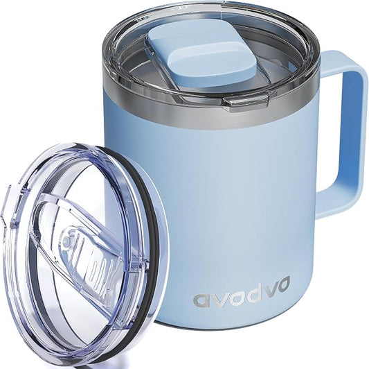 12oz Insulated Coffee Mug with Lid – Includes Two Lids, Stainless Steel Coffee Travel Mug with Handle, Double Wall Vacuum Insulated Camping Mug for Home, Office & Outdoor, Light Blue by avodvo