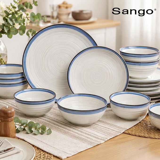 Sango Siterra Santorini 16-Piece Stoneware Dinnerware Set for 4, Ceramic White Plates and Bowls Sets with Blue Rim & Reactive Glaze, Chip Resistant Dish Set, Microwave & Dishwasher Safe Kitchen Dishes - Image 8