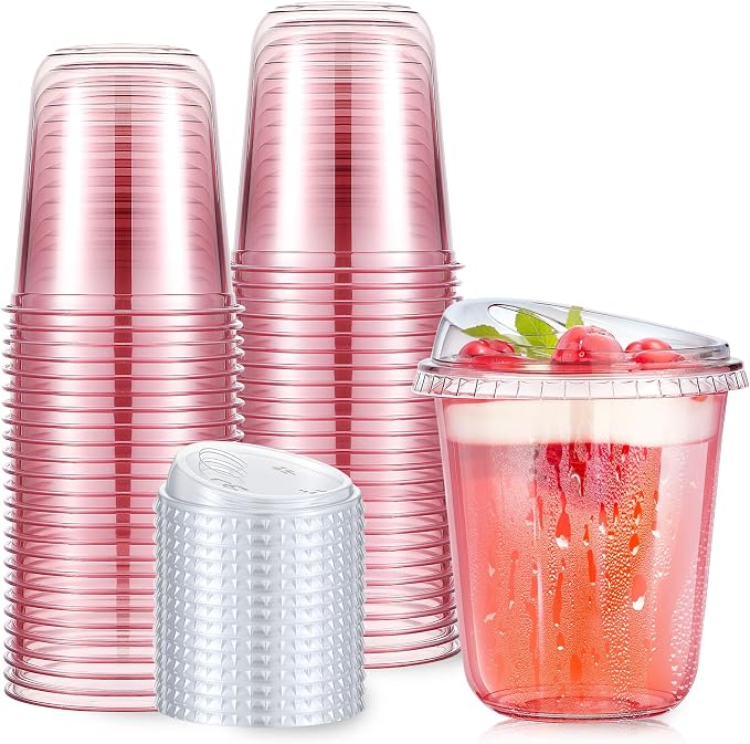 Ziliny 50 Sets Clear Plastic Coffee Cups with Sip Lids, Disposable Plastic PET Crystal Cups for Iced Coffee, Smoothie, Cold Beverage, Drink Shops and Party Catering (Clear Pink,14 oz) by Ziliny