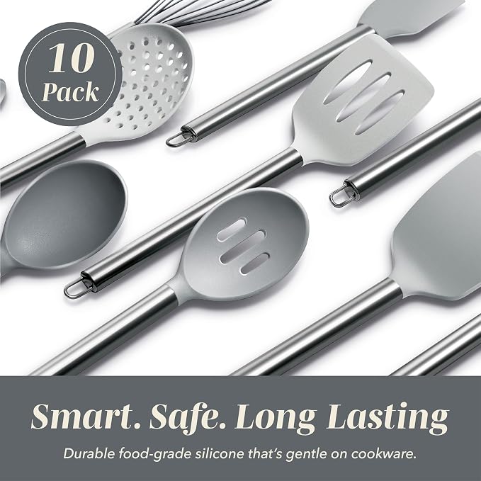 COOK WITH COLOR Silicone Cooking Utensils, Kitchen Utensil Set, Easy to Clean Silicone Kitchen Utensils, Cooking Utensils for Nonstick Cookware, Kitchen Gadgets Set, 10 Pieces, Grey Ombre - Image 3