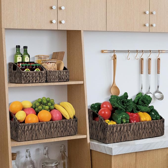 Pantry Baskets Organization, Wicker Basket for Shelf Black | Handwoven Pantry Organizers and Storage with Built-in Handles, Laundryroom Organization Storage Bins for Snack Cans - Image 2
