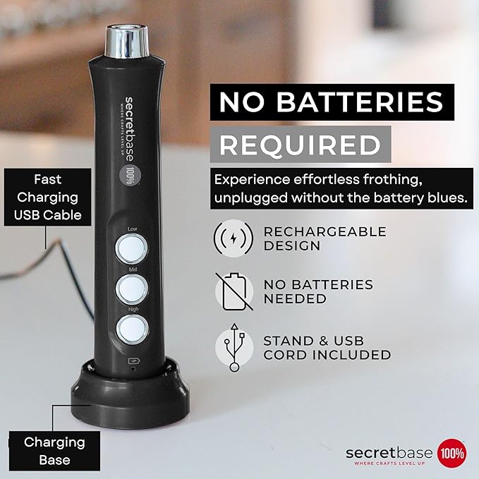 Secretbase USB C Rechargeable Milk Frother Handheld 3 Speed, USB Charging Cradle - Stainless Steel Whisk for Bulletproof Coffee, Espresso Whipper, Mini Electric Stirrer (Black Frother without Pitcher)