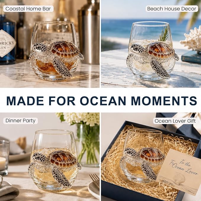 Coastal Stemless Wine Glasses Set of 4, 12oz 3D Ocean Animal Artisan Glassware Collection with Unique Sea Life Designs (D - Set of 1) - Image 4