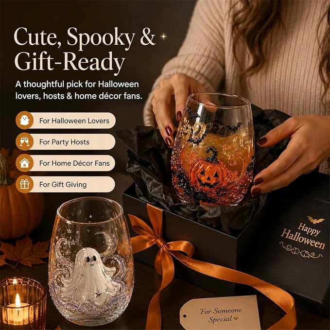 3D Halloween Artisan Glassware Collection, Premium Handleless Glass with Ghost, Pumpkin, Spider & Black Cat Gothic Style Artistic Glass Wine Goblet Designs, for Party & Cozy Fall Home Bar (C) - Image 4