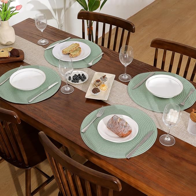 SHACOS Round Placemats Set of 4 Woven Braided Table Placemats 15 inch Cotton Polyester Place Mats Washable Table Mats Indoor Outdoor, Sage Green - Image 2