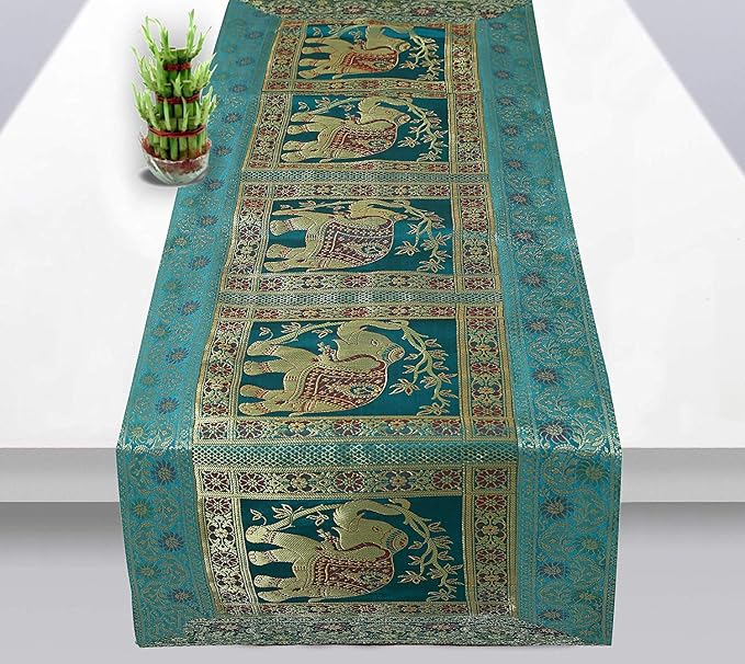 Indian Handmade Elephant Design Table Runner.Traditional Decorative Ethnic Kitchen Table Cloth for Wedding Bridal Birthday Party Decorations. 60 X 16 Green and Golden Color - Image 5